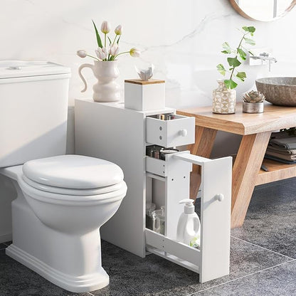 Nightcore Narrow Bathroom Storage Cabinet, Multi-Functional Storage Organizer with Drawers, Double Door, Shelves & Toilet Paper Holder, Space-Saving Storage Cabinet for Toilet, Kitchen,(White)