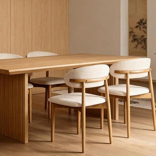 Modern Upholstered Dining Chairs, Beige Fabric Seat with Wooden Legs, Contemporary Kitchen Side Chairs, Set of 2