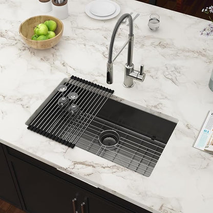 Black Undermount Kitchen Sink 30 Inch - Couoko Gunmetal Black Single Bowl Undermount Sinks 16 Gauge T304 Stainless Steel Large Deep NANO PVD Handmade Round Corner Kitchen Sinks 30"x18"x9"