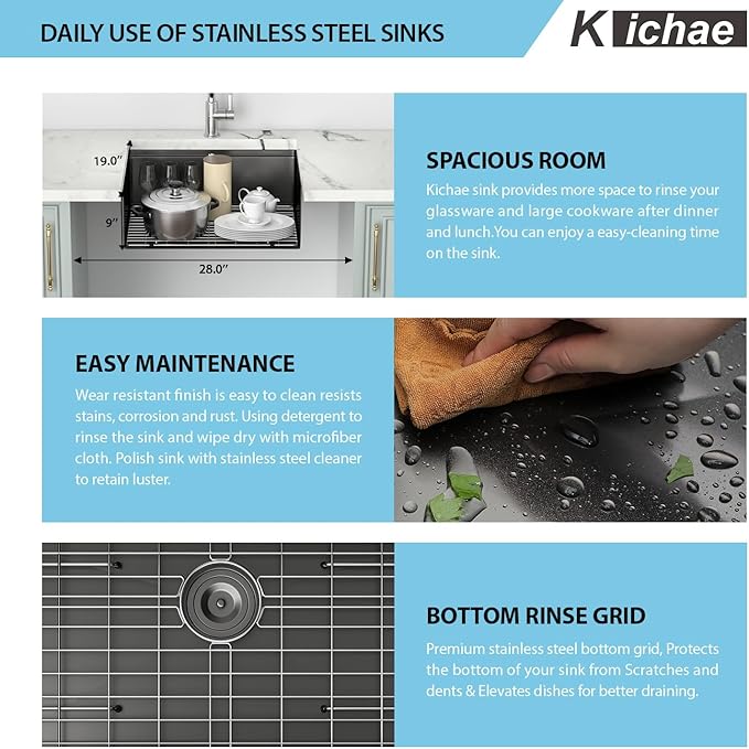 Kichae 25 Undermount Kitchen Sink - 25"x19" Kitchen Sink Ledge Workstation Stainless Steel Single Bowl Under Counter All In One Deep Basin Round Corner