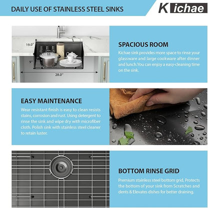 Kichae 25 Undermount Kitchen Sink - 25"x19" Kitchen Sink Ledge Workstation Stainless Steel Single Bowl Under Counter All In One Deep Basin Round Corner
