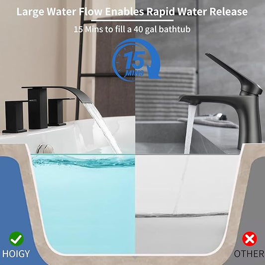 RUMOSE Matte Black Roman Bathtub Faucet Set Waterfall Tub Faucets High Flow Widespread 6-16 Inch 3 Holes Deck Mount Tub Filler 2 Handles Bathtub Filler Soaking Bath Faucet