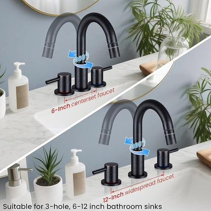 Oil Rubbed Bronze Bathroom Faucet 3 Hole with Pull Out Sprayer, Bathroom Sink Faucet with Pop Up Drain, 8 inch Widespread Faucet with 360° Swivel Spout, 2 Handle Vanity Faucet
