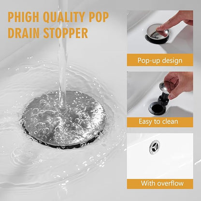 Bathroom Sink Faucet, Waterfall Bathroom Faucet with Pop-up Drain, Supply Hoses and Deck Plate, Suitable for 1 or 3 Holes, Silver