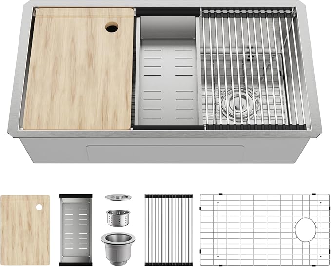 MAYESAR 33 Inch Kitchen Sinks Undermount - 33" x 19" Stainless Steel Undermount Workstation 16 Gauge Single Bowl Deep Under Counter Kitchen Sink Basin