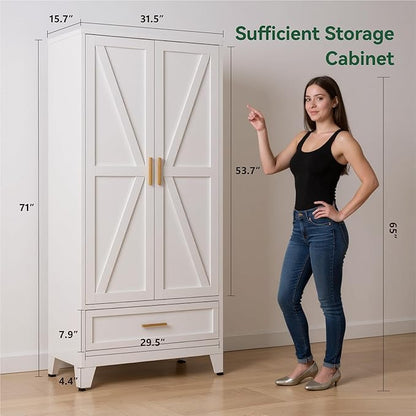 Bevivog Farmhouse Metal Storage Cabinet with 4 Shelves, 71" Tall Shelf Cabinets with 2 Barn Doors & Drawer, 31.5" Wide Storage Cabinet with Doors for Office/Pantry/Bathroom