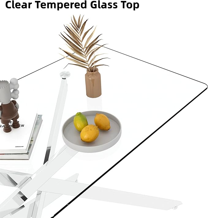 Silver Glass Dining Table for 6 Modern 60.6" Rectangular Kitchen Dining Room Table for 4-6 with X-Shape Metal Base Large Clear Glass Top Dining Tables for Home Kitchen