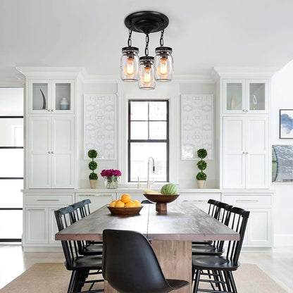 Mason Jar Light Fixtures, 3-Light Glass Mason Jar Pendant Lighting for Kitchen Island Farmhouse Close to Ceiling Kitchen Light Over Sink Barn Dining Room Chandelier Hallway Stairway