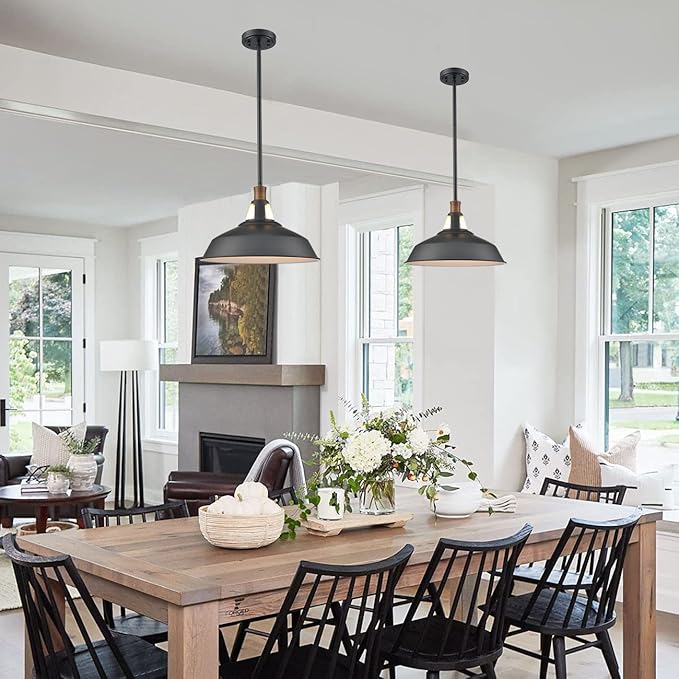 CLAXY Rod Pendant Light Black Barn Farmhouse Pendant Lighting Dimmable Kitchen Hanging Pendant Light Fixture-15.3"