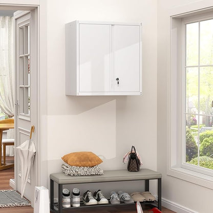 Metal Storage Cabinet with Lock, Kitchen Cabinets Wall Mounted, Steel Wall Cabinet with Doors and Shelves, Hanging Cabinet for Laundry, Pantry, Home Office, White