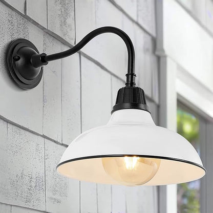 JONATHAN Y 12.25" White/Black Farmhouse Industrial Outdoor Sconce, LED Gooseneck Wall Light for Porch, Metal Bowl Shade, Dimmable Vintage Exterior Fixture, LED Bulb Included JYL7613A