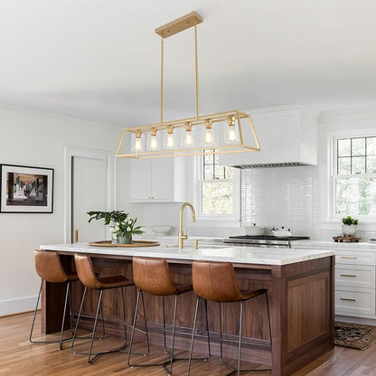 6-Light Gold Chandeliers for Dining Room | Modern Kitchen Island Light Fixture | Rectangle Chandelier for with Clear Glass Shade | Apply to Dining Room Light fixtures Over Table
