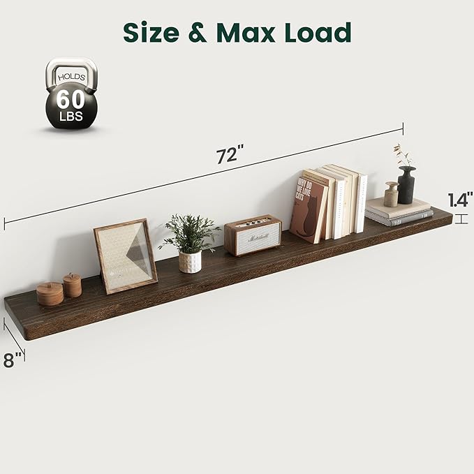 72 Inch Flat Edge Floating Shelves, 8 Inch Deep Solid Elm Wood Wall Shelf, Heavy-Duty Wall Mounted Shelf with Invisible Brackets for Living Room, Bathroom, Kitchen, Set of 1, Walnut Color