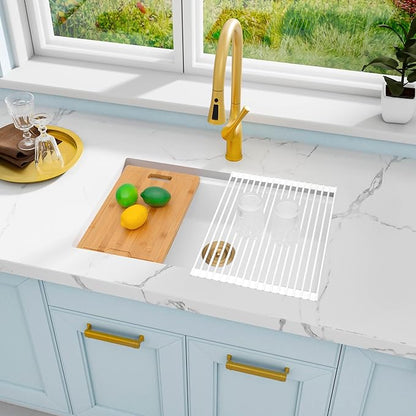 White Undermount Kitchen Sink 28 Inch - Drop In Granite Quartz Composite Workstation Sink - Deep Single Bowl,Dual Mount,with Accessories (White, 28" x 18")