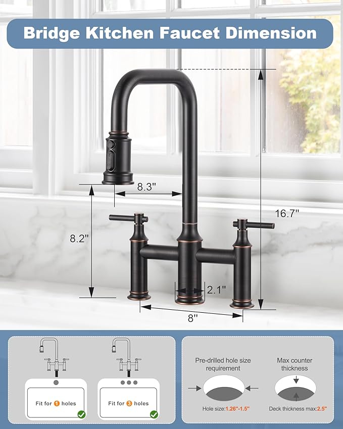 Bridge Faucet for Kitchen Sink Bronze: 3 Hole Solid Brass Farmhouse Kitchen Faucet with Pull Down Sprayer, 2 Handle 8 Inch Centerset High Arched Faucet with 360° Swivel Spout, Oil Rubbed Bronze
