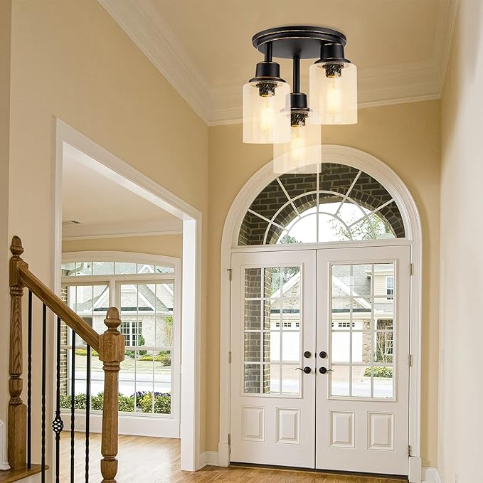 Semi Flush Mount Ceiling Light, 3-Light Close to Ceiling Light Fixtures, Vintage Oil-Rubbed Bronze Finish with Clear Seeded Glass Shade Chandelier Lighting for Stairs Porch Hallway Entryway Kitchen