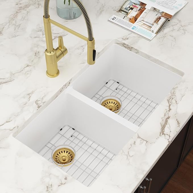 33 Granite Composite Kitchen Sink - Couoko 33x19 Inch Undermount Granite Kitchen Sink White Quartz Sink Under Counter Double Bowl Sink Basin 50/50