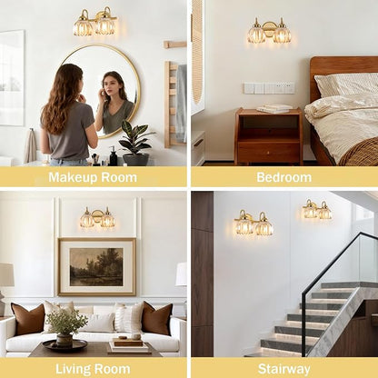 Vintage Bathroom Light Fixtures, Brass Vanity Lights with Amber Tulip Glass Shade, Vanity Sconces for Bathroom Bedroom Living Room Hallway, 2-Light