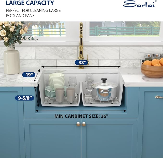Sarlai 33 Granite Composite Kitchen Sink Double Bowl - 33"x19" White Granite Kitchen Sink Ledge Workstation White Undermount Double Bowl 50/50 Low Divide Quartz Classic Composite Under Counter Basin