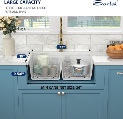 Sarlai 33 Granite Composite Kitchen Sink Double Bowl - 33"x19" White Granite Kitchen Sink Ledge Workstation White Undermount Double Bowl 50/50 Low Divide Quartz Classic Composite Under Counter Basin