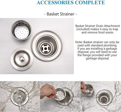 15 Inch Undermount Bar Sink, 15x17 Stainless Steel Small Wet Bar Sink 16 Gauge Handmade Prep Sink Single Bowl Small RV Kitchen Prep Sink with Strainer