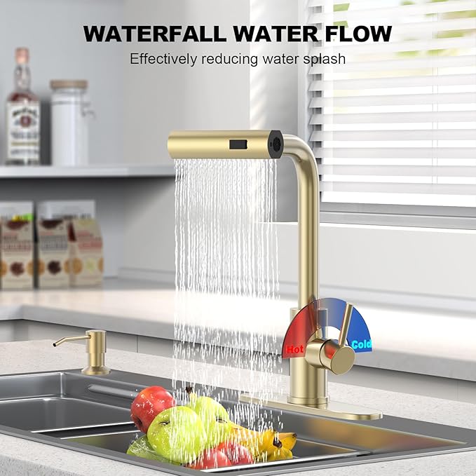 AVSIILE Brushed Gold Waterfall Kitchen Faucets with Pull Down Sprayer & Soap Dispenser, Single Hole & Handle, Pull Out Tap, Stainless Steel Sink Faucet, Suitable for Farmhouse Camper Laundry Rv Bar