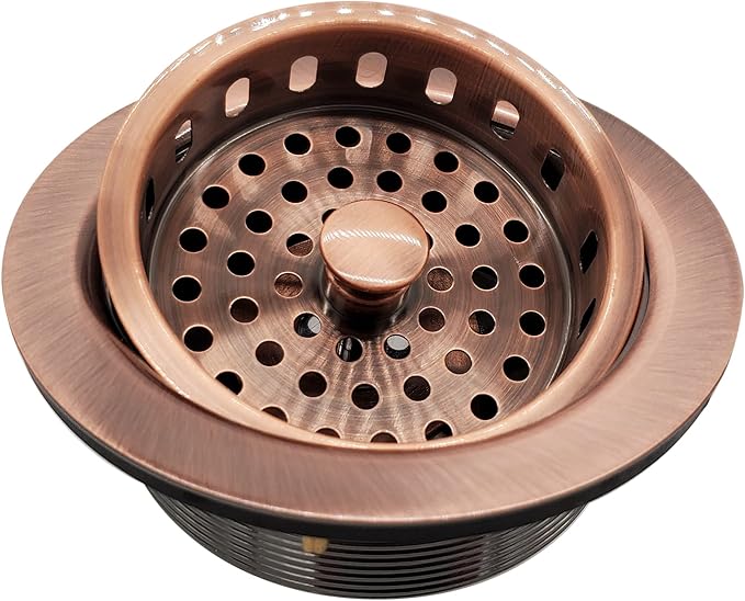 Westbrass A2165-11 4-1/4" OD Post Style Large Kitchen Basket Strainer with Waste Disposal Flange and Stopper Drain Set, Antique Copper