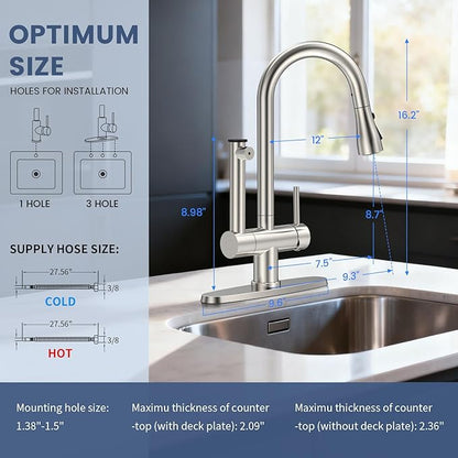 FEELSO Kitchen Faucets with Filtered, Stainless Steel Filter Kitchen Faucet with Pull Down Sprayer Reduces Lead, Chlorine, Bad Taste & Odor,High Arc Kitchen Sink Faucet 1 or 3 Hole for Farmhouse
