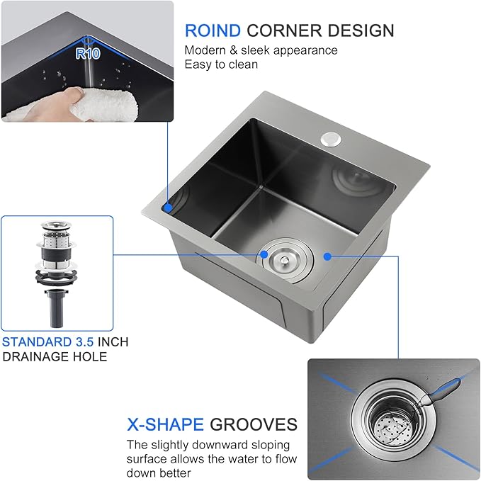 MENATT 18" x 18" Single Bowl Drop In Kitchen Sink, 18 Gauge 304 Stainless Steel Handmade Bar Sink Single Faucet Hole Topmount Kitchen Sink,Black