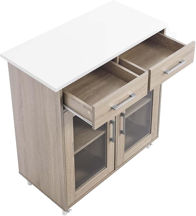 Modway Cuisine Rolling Kitchen Cart with Storage in Oak White - Portable Island for Kitchen with Spice Rack, Perfect as a Coffee Bar Cabinet, Butcher Block Island or Kitchen Island on Wheels