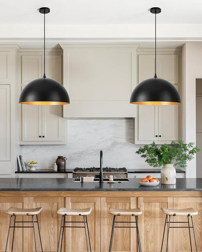 15.7" Black Pendant Lights Kitchen Island - Large Industrial Pendant Light Gold Interior Dome Hanging Light for Dining Room, Bedroom