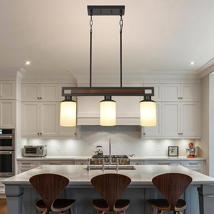 Farmhouse Dining Room Light Fixture, 3-Light Wood Kitchen Island Lighting for Dining Room Over Table, Black Adjustable Pendant Light with Milk Glass Shades, Linear Chandeliers Lighting for Kitchen