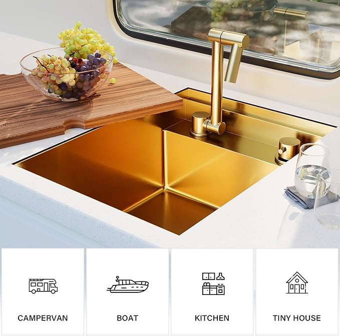 TORVA Gold RV Sink, 16x21x9 Inch Undermount Stainless Steel Single Bowl Bar Sink, Nano Coated 16 Gauge T304 Steel RV Kitchen Sink, Scratch-Resistant & Easy Clean for Camper, Trailer, and Tiny Home