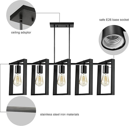 5-Light Island Lights for Kitchen, Rectangular Black Metal Kitchen Island Chandelier 41.3" Adjustable Rustic Modern Dining Room Light Fixtures Over Table, Chandeliers for Dining Room