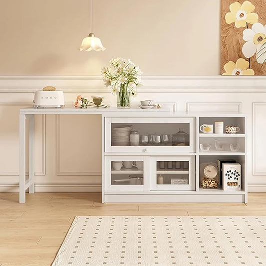 homary 47" Large Buffet Sideboard Cabinet Extendable Wood Kitchen Storage Cabinet with 3 Doors, Foldable Dining Table with Extension Leaves, White (White)