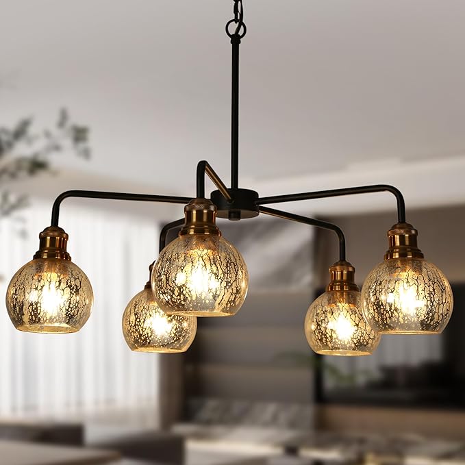 KSANA 5 Light Kitchen Island Lighting, Mid-Century Modern Dining Room Chandeliers Black Gold Chandelier Light Fixture with Globe Mercury Glass for Living Room, Kitchen, Bedroom, Hallway, 28.3" W
