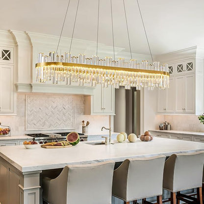 Gold Led Modern Crystal Chandelier: 52" Rectangle Linear 3 Color Dimmable Large Chandelier for Dining Room Over Table - Luxury Rectangular Contemporary Oval Light Fixture for Living Room Bedroom Foyer