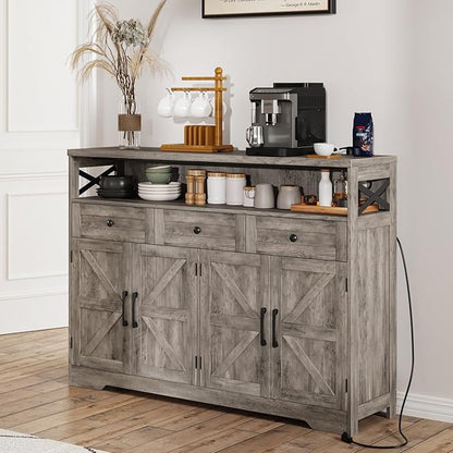 FiveWillowise 51" Farmhouse Buffet Sideboard with Storage, Kitchen Pantry Cabinet with Storage Drawers, Wood Cupboard Hutch, Coffee Bar Station Table for Kitchen, Living Room, Dining Room, Grey