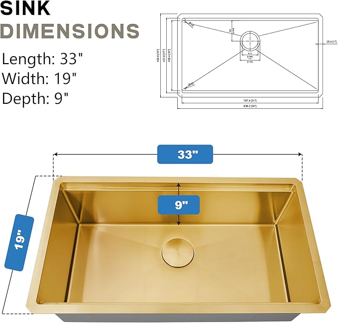33 Inch Gold Undermount Kitchen Sink, NANO-PVD 304 Stainless Steel Sinks 16 Gauge Single Bowl Ledge Workstation With Accessories, 33"x19"x9" Inch Large and Deep Basin