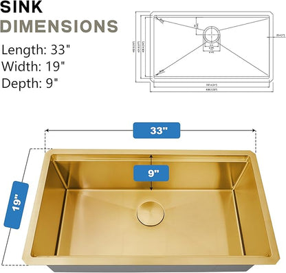 33 Inch Gold Undermount Kitchen Sink, NANO-PVD 304 Stainless Steel Sinks 16 Gauge Single Bowl Ledge Workstation With Accessories, 33"x19"x9" Inch Large and Deep Basin
