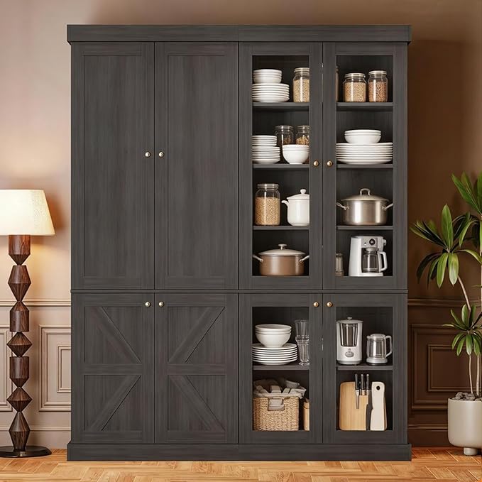 70.8" Tall Farmhouse Kitchen Pantry Cabinet with Glass Doors, Modular Storage Cabinet with 6-Tier Adjustable Shelves, Large Storage Cabinet for Kitchen or Living Room, Set of 2, Black