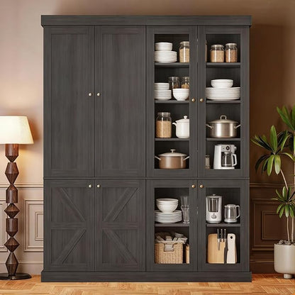 70.8" Tall Farmhouse Kitchen Pantry Cabinet with Glass Doors, Modular Storage Cabinet with 6-Tier Adjustable Shelves, Large Storage Cabinet for Kitchen or Living Room, Set of 2, Black