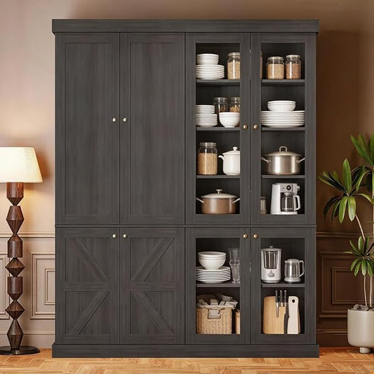 70.8" Tall Farmhouse Kitchen Pantry Cabinet with Glass Doors, Modular Storage Cabinet with 6-Tier Adjustable Shelves, Large Storage Cabinet for Kitchen or Living Room, Set of 2, Black