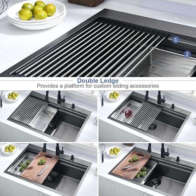 33 Inch Black Kitchen Sink Drop In Workstation-Hovheir 33x22 Drop In Top Mount Kitchen Sinks Black Stainless Sink 16 Gauge Stainless Steel Deep Single Bowl Workstation Sinks with Cutting Board