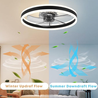 Fszdorj Ceiling Fan with Light, Upgraded 20‘’ Low Profile Fan, Flush Mount Ceiling Fan, 6 Speeds, Dimmable LED, App & Remote Control, Quiet DC Motor, for Bedroom, Living Room, F105 Black-D