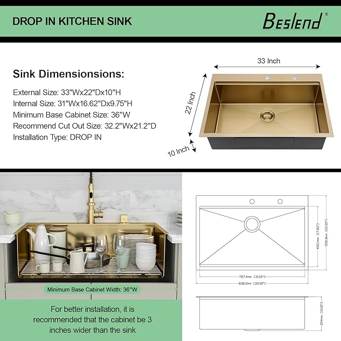 33x22 Drop In Gold Kitchen Sink - Beslend Stainless Steel Ledge Workstation Drop In Kitchen Sinks Gold Sink 16 Gauge Single Bowl Topmount Basin