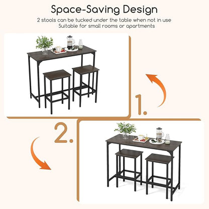 COSTWAY 3-Piece Dining Table Set, 47.5" Industrial Counter-Height Kitchen Table and 2 Bar Stools, High Top Rectangular Pub Table and Chairs for Dining Room Small Place Breakfast Nook Bistro (Grey)