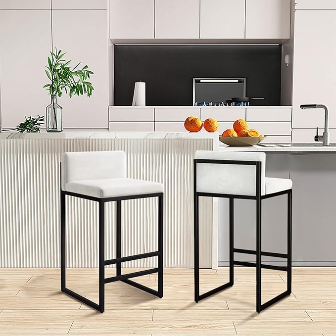 Velvet Stools with Low Back Mid-Century Upholstered Armless Chairs for Kitchen Island Home Pub Grey + Gold Sitting Height 65cm (White + Black 25.6in)