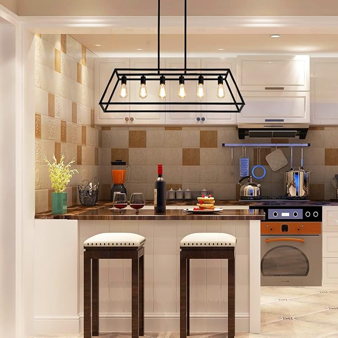 Black Kitchen Island Lighting, 6-Light Farmhouse Chandeliers, Modern Industrial Linear Rectangle Pendant Light Fixtures for Dining Room Kitchen Bar Foyer(Metal, E26 Base)