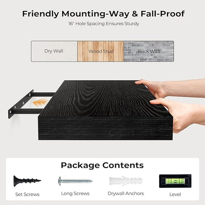 Fun Memories 55 Inch Floating Shelves for Wall, Fireplace Mantel Shelf with Invisible Heavy Duty Bracket, 8 Inch Deep Storage Shelf for Living Room, Kitchen, Farmhouse, Black (2-Pack)
